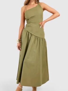 Boohoo Olive Linen Cutout Midi Dress